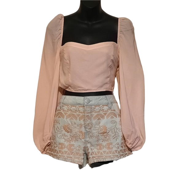 Vintage Y2K 90s Embroidered Shorts Jean Denim Peach Distressed Boho - Picture 4 of 4